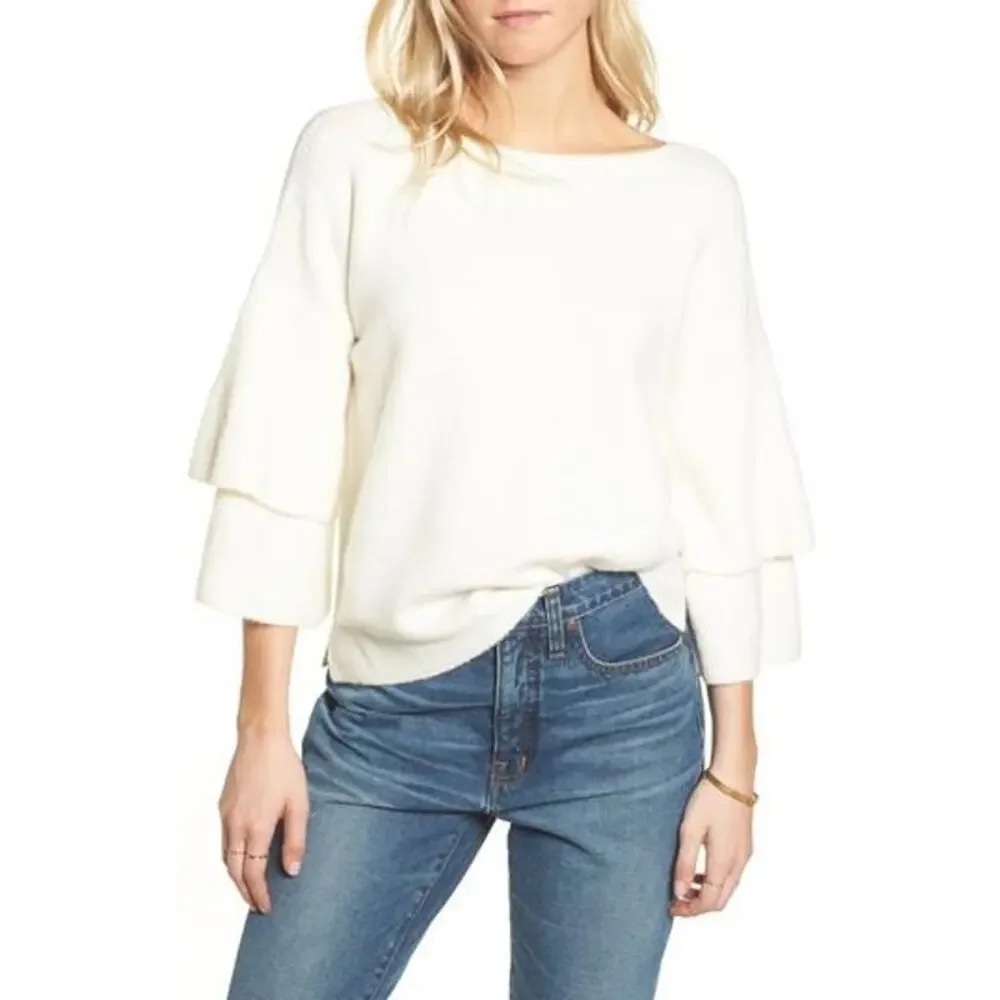 Madewell Tier Sleeve Sweater Cream Small S Wool Stretch Bateau Neck 3/4 Sleeve